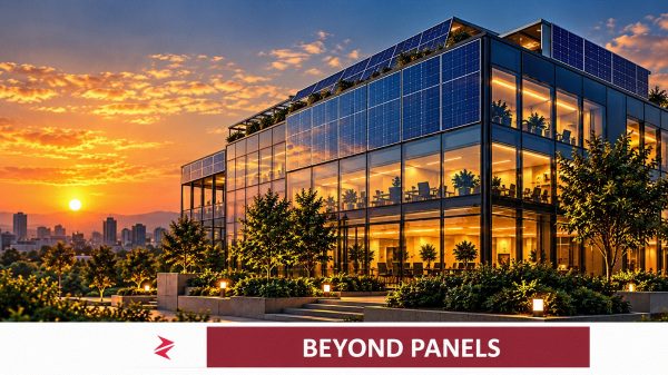 Solar panels integrated into a commercial building’s roof and façade, illustrating the future of solar in Pakistan