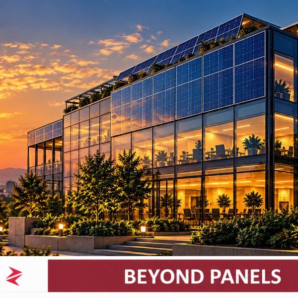 Solar panels integrated into a commercial building’s roof and façade, illustrating the future of solar in Pakistan