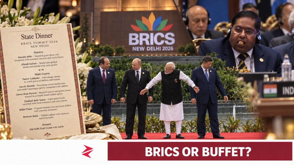 Narendra Modi at the BRICS 2026 photo-op beside the vegetarian state-dinner menu and an Indian official eating during a summit address