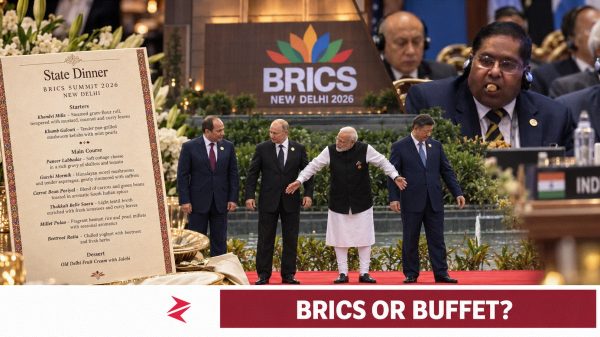 Narendra Modi at the BRICS 2026 photo-op beside the vegetarian state-dinner menu and an Indian official eating during a summit address