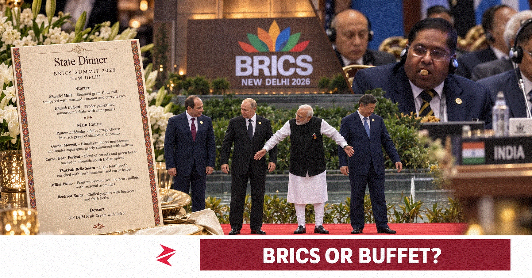 Narendra Modi at the BRICS 2026 photo-op beside the vegetarian state-dinner menu and an Indian official eating during a summit address