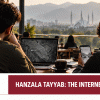 Editorial illustration of two friends discussing Pakistan’s online information wars in an Islamabad café