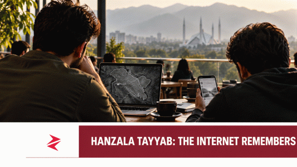 Editorial illustration of two friends discussing Pakistan’s online information wars in an Islamabad café