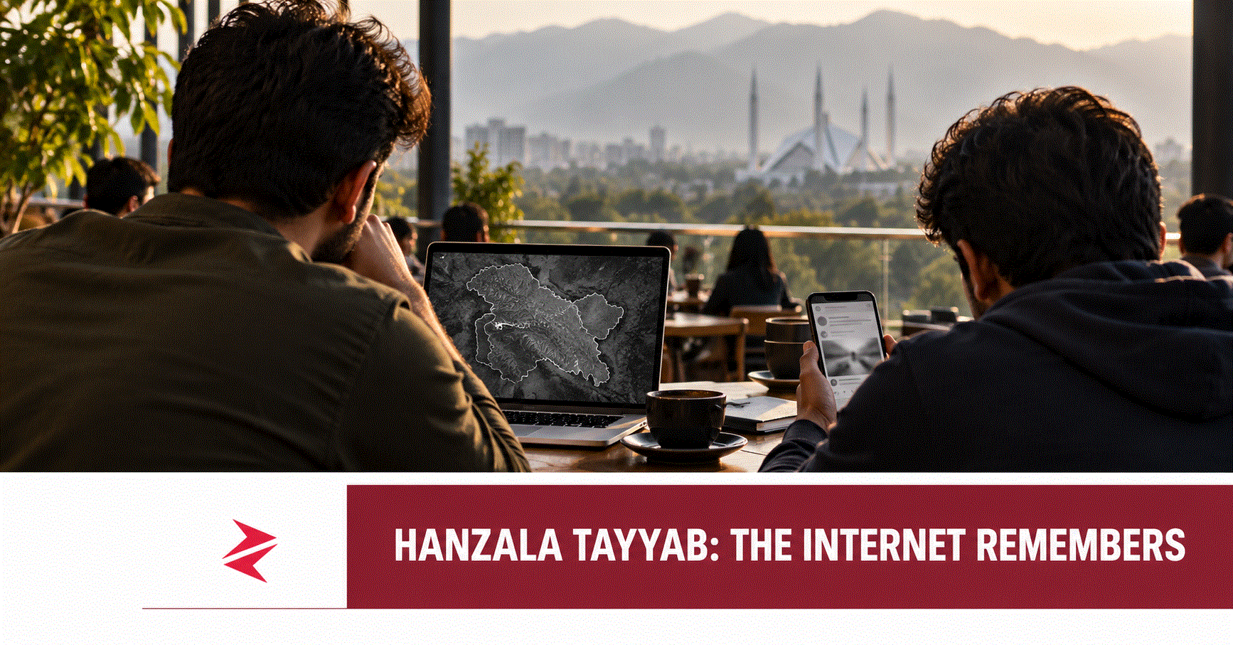 Editorial illustration of two friends discussing Pakistan’s online information wars in an Islamabad café