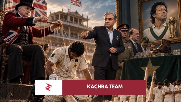 Lagaan-inspired illustration of Pakistan cricket confronting England as Pakistan’s Test decline reflects decades of political and institutional instability.
