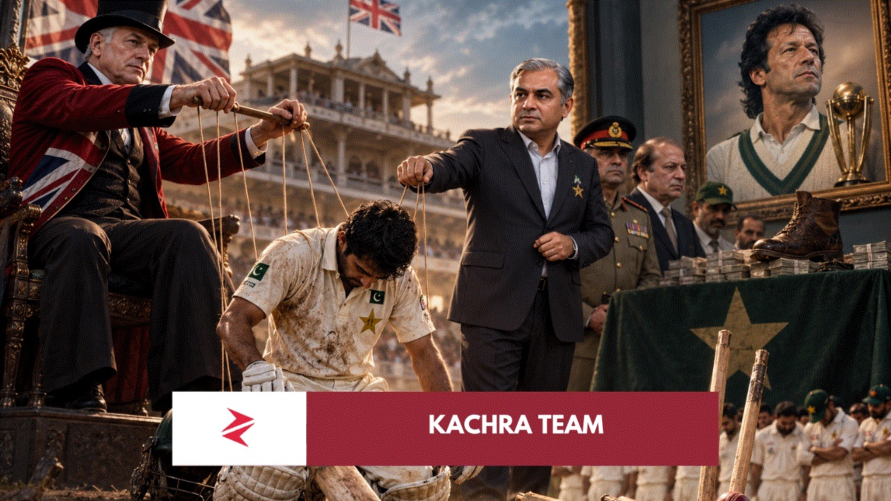 Lagaan-inspired illustration of Pakistan cricket confronting England as Pakistan’s Test decline reflects decades of political and institutional instability.