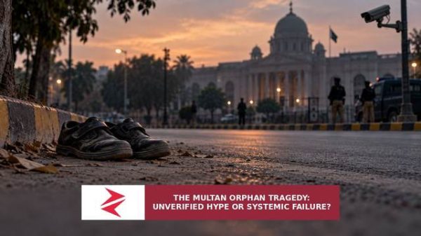 Conceptual editorial illustration about an unverified road-death allegation and accountability in Multan