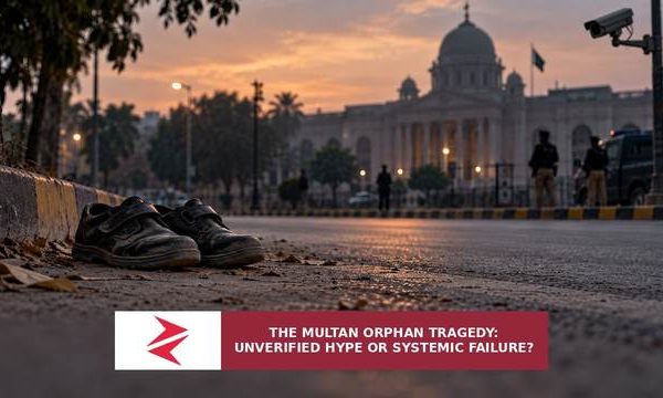 Conceptual editorial illustration about an unverified road-death allegation and accountability in Multan