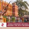 Conceptual editorial illustration of firearm safety concerns at a Dussehra ceremony in Rajnandgaon