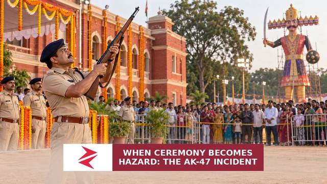 Conceptual editorial illustration of firearm safety concerns at a Dussehra ceremony in Rajnandgaon