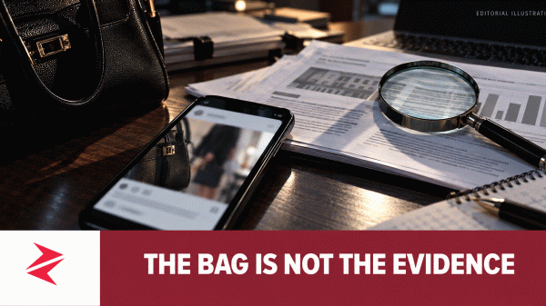 Editorial illustration of evidence checking in the Munizae Jahangir handbag and NGO funding controversy