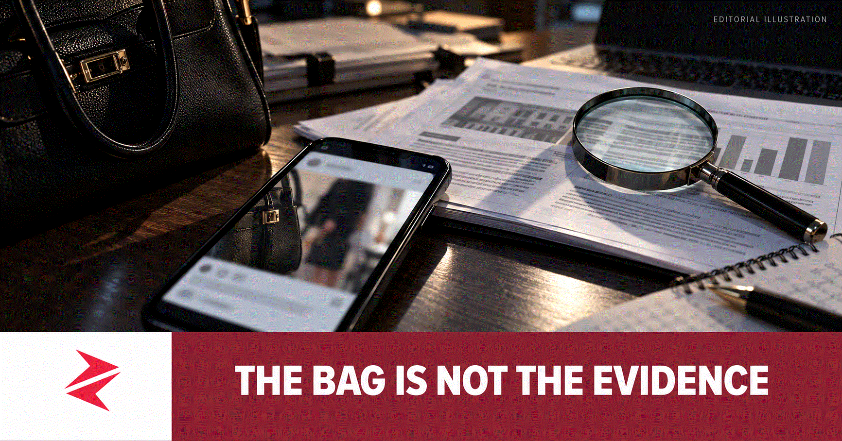Editorial illustration of evidence checking in the Munizae Jahangir handbag and NGO funding controversy