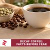 Illustration of a coffee cup with green and roasted beans, with the Zorays logo and headline Decaf Coffee: Facts Before Fear.