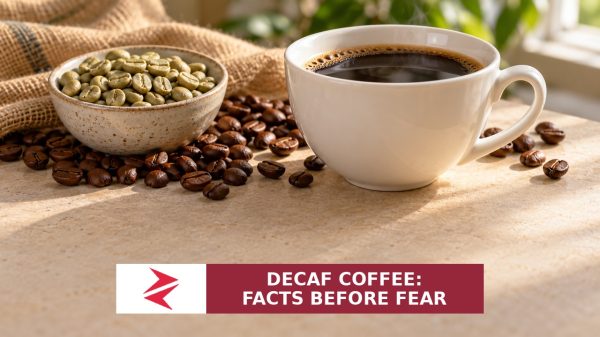 Illustration of a coffee cup with green and roasted beans, with the Zorays logo and headline Decaf Coffee: Facts Before Fear.