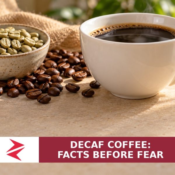Illustration of a coffee cup with green and roasted beans, with the Zorays logo and headline Decaf Coffee: Facts Before Fear.