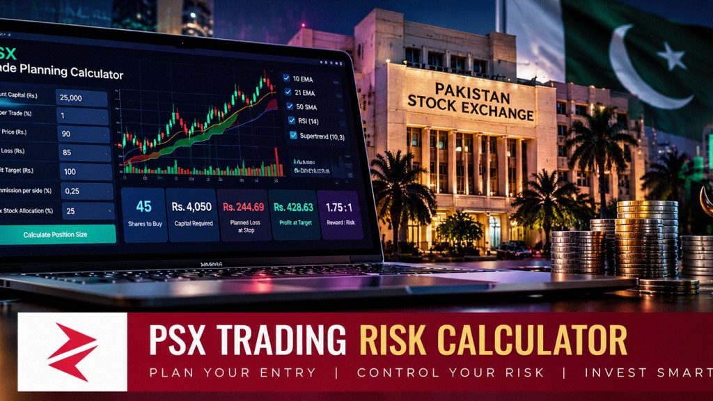 PSX position sizing and stock trading risk calculator by Zorays Khalid showing Rs. 25,000 investment capital, stop-loss and profit targets.