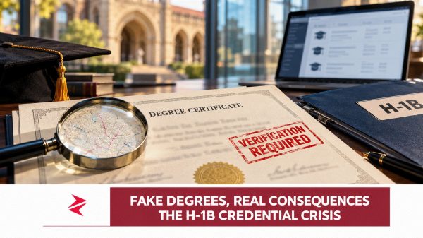 A degree certificate under a magnifying glass beside an H-1B dossier, illustrating credential verification and reported fake-degree allegations.