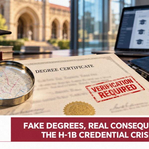 A degree certificate under a magnifying glass beside an H-1B dossier, illustrating credential verification and reported fake-degree allegations.
