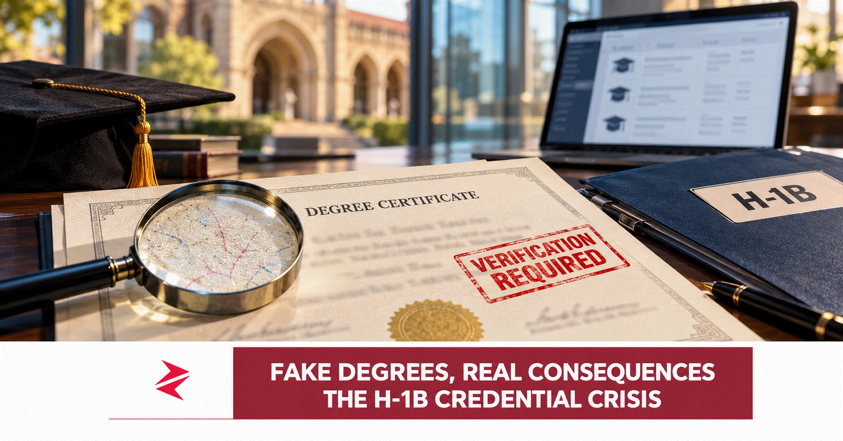 A degree certificate under a magnifying glass beside an H-1B dossier, illustrating credential verification and reported fake-degree allegations.