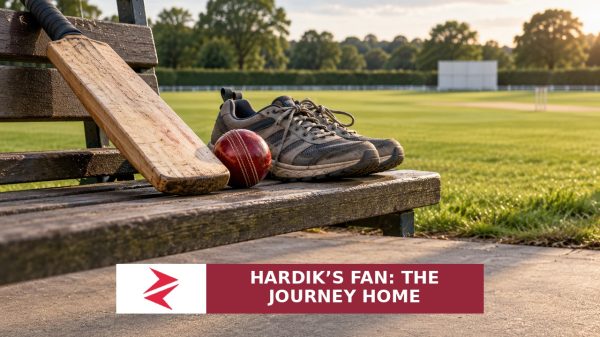 Conceptual illustration of a cricket bat, ball and walking shoes beside a ground, with Zorays branding and the headline Hardik’s Fan: The Journey Home.