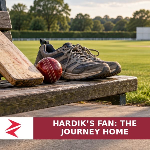 Conceptual illustration of a cricket bat, ball and walking shoes beside a ground, with Zorays branding and the headline Hardik’s Fan: The Journey Home.