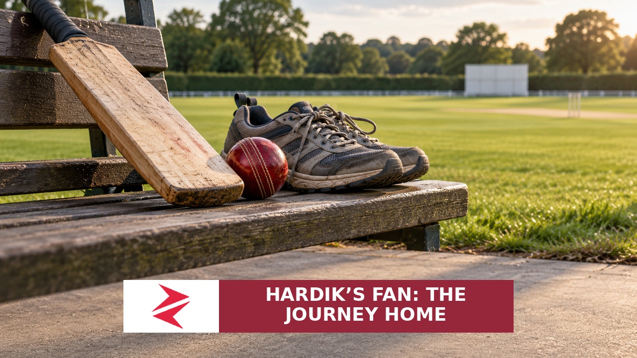 Conceptual illustration of a cricket bat, ball and walking shoes beside a ground, with Zorays branding and the headline Hardik’s Fan: The Journey Home.