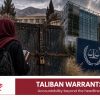 “Editorial illustration of an Afghan girl outside a closed school and the ICC following Taliban gender-persecution arrest warrants