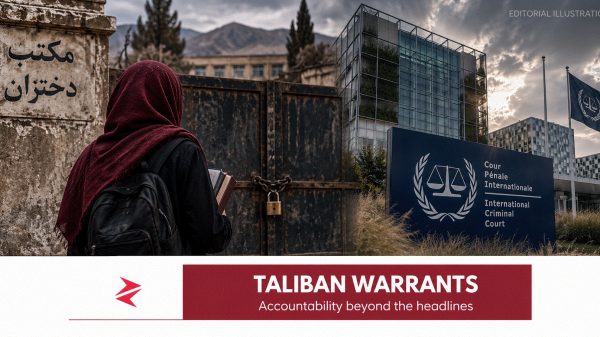 “Editorial illustration of an Afghan girl outside a closed school and the ICC following Taliban gender-persecution arrest warrants