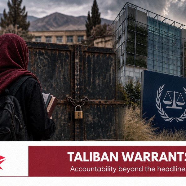 “Editorial illustration of an Afghan girl outside a closed school and the ICC following Taliban gender-persecution arrest warrants