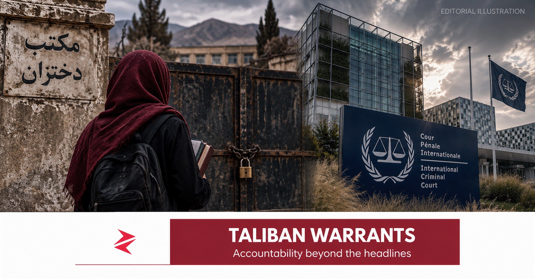 “Editorial illustration of an Afghan girl outside a closed school and the ICC following Taliban gender-persecution arrest warrants