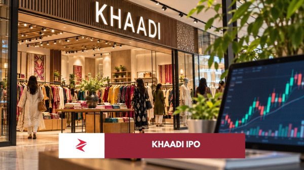 Khaadi fashion retail and Pakistan Stock Exchange imagery illustrating its proposed IPO and valuation debate.