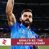 Virat Kohli at the MCG in a cropped BCCI anniversary graphic, with Zorays branding and a headline recalling his unbeaten 82.