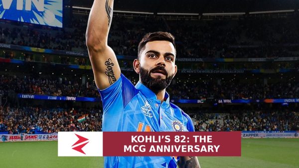 Virat Kohli at the MCG in a cropped BCCI anniversary graphic, with Zorays branding and a headline recalling his unbeaten 82.