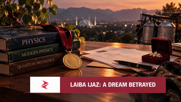 Physics books, a gold medal and admission papers symbolising the alleged education fraud involving Laiba Ijaz in Islamabad