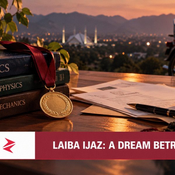Physics books, a gold medal and admission papers symbolising the alleged education fraud involving Laiba Ijaz in Islamabad