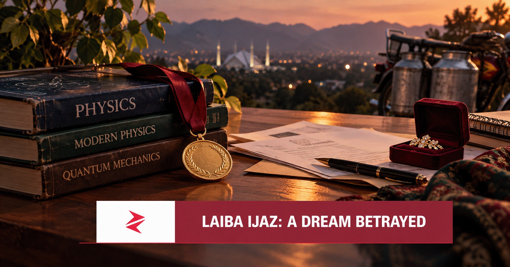 Physics books, a gold medal and admission papers symbolising the alleged education fraud involving Laiba Ijaz in Islamabad