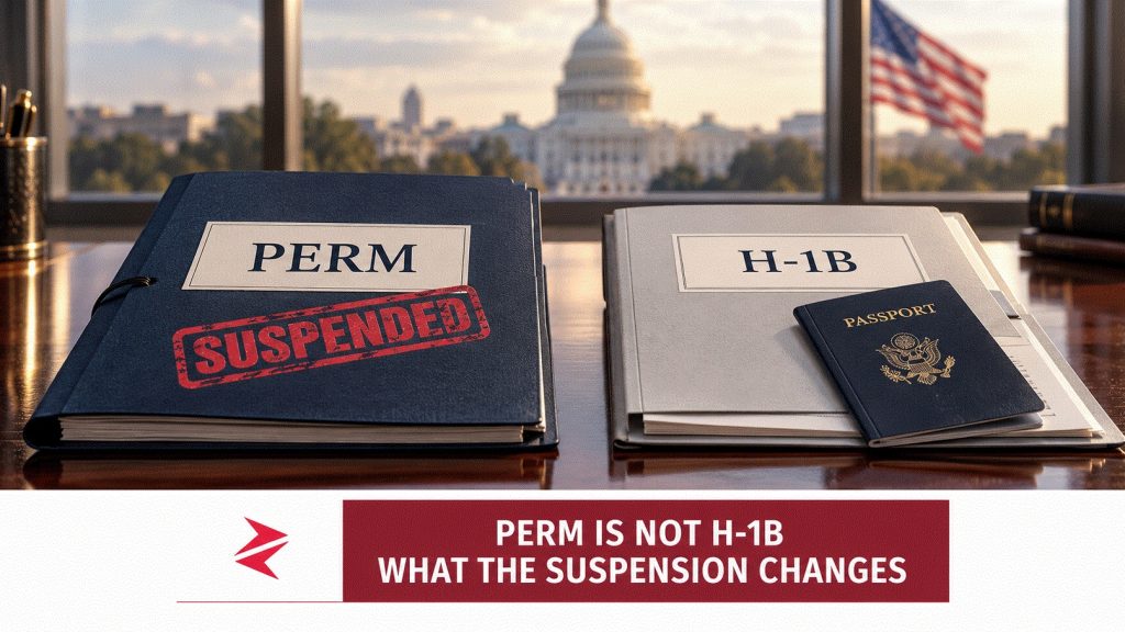 Separate PERM and H-1B dossiers, with a suspension stamp on PERM, illustrating the distinction between green-card sponsorship and work visas.