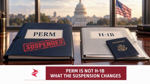 Separate PERM and H-1B dossiers, with a suspension stamp on PERM, illustrating the distinction between green-card sponsorship and work visas.
