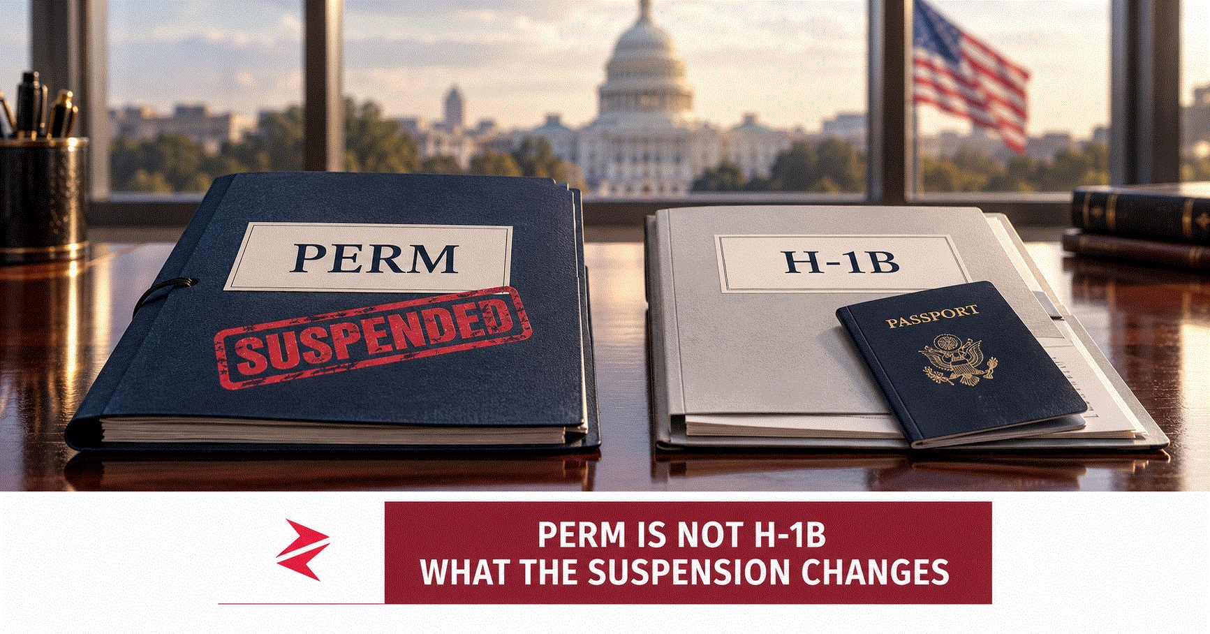 Separate PERM and H-1B dossiers, with a suspension stamp on PERM, illustrating the distinction between green-card sponsorship and work visas.