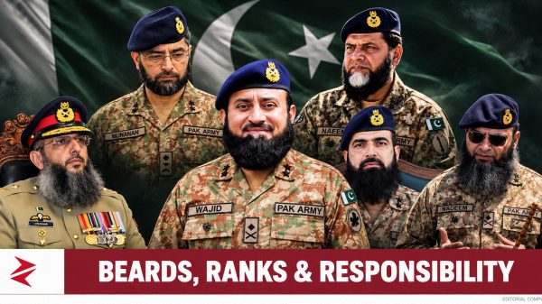 Editorial composite of Pakistan Army officers illustrating the debate over beards, promotions and professional accountability