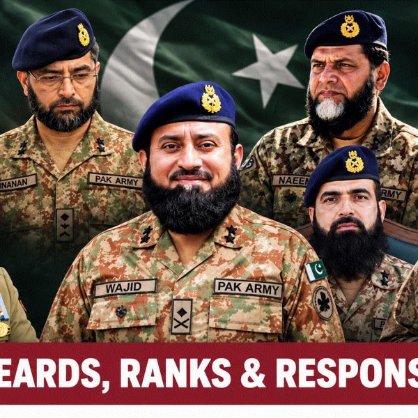 Editorial composite of Pakistan Army officers illustrating the debate over beards, promotions and professional accountability