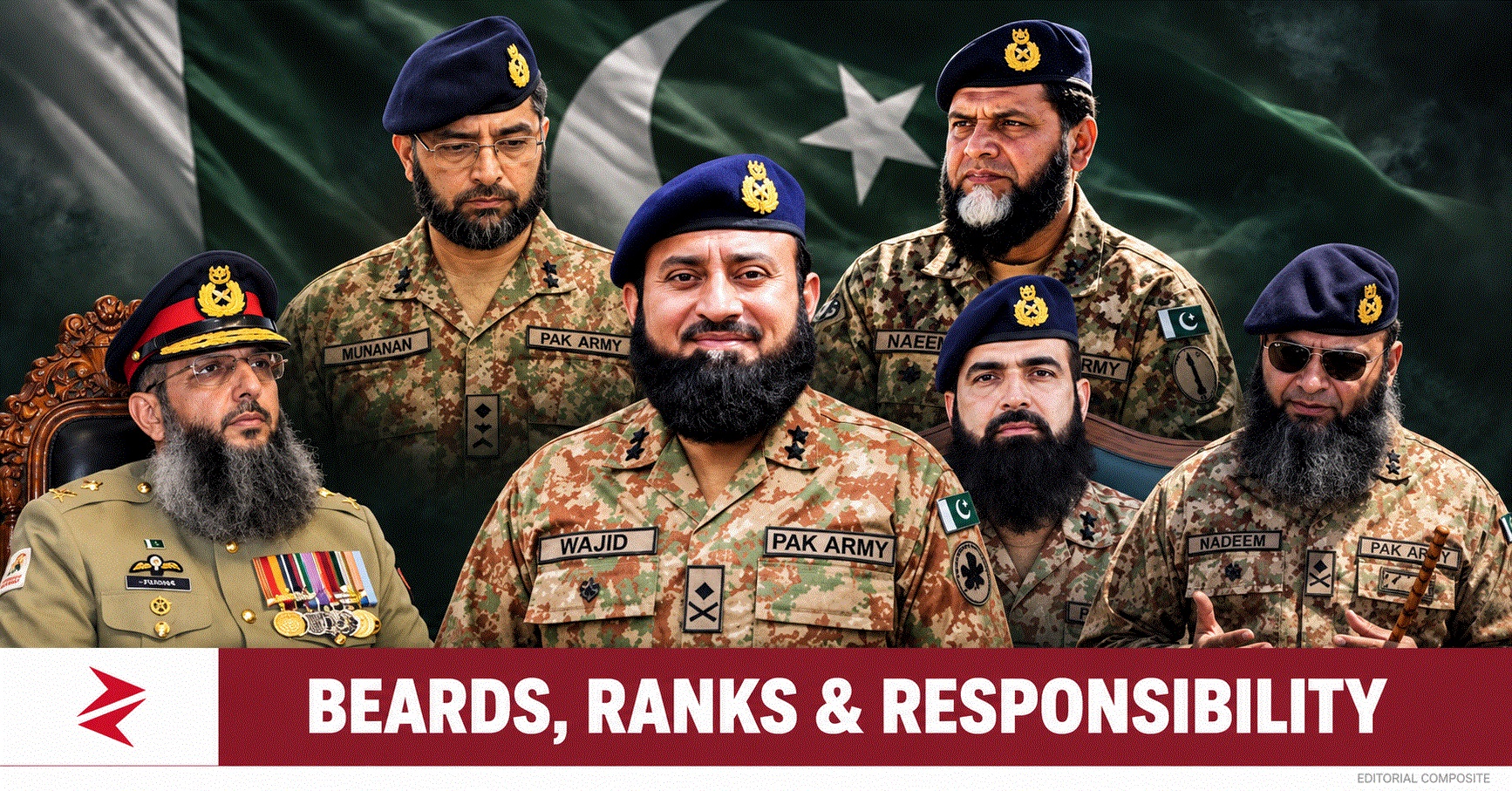 Editorial composite of Pakistan Army officers illustrating the debate over beards, promotions and professional accountability