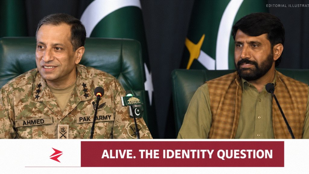 Editorial illustration of DG ISPR Ahmed Sharif Chaudhry and retired Pakistani soldier Muhammad Asif during the disputed Budgam identity briefing