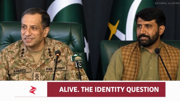 Editorial illustration of DG ISPR Ahmed Sharif Chaudhry and retired Pakistani soldier Muhammad Asif during the disputed Budgam identity briefing