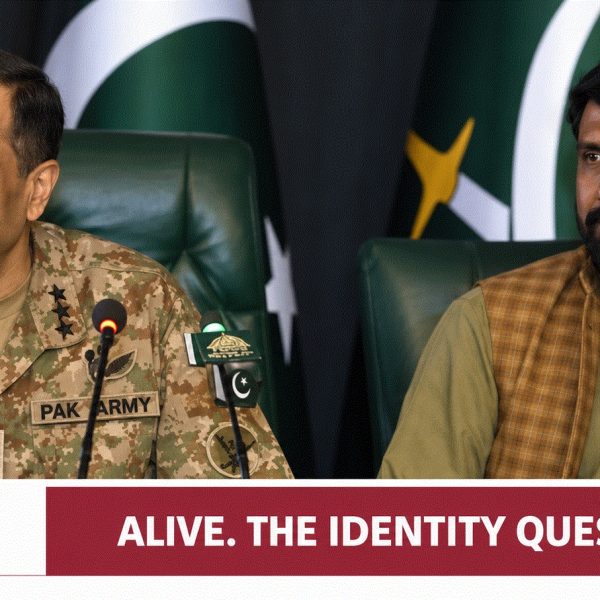 Editorial illustration of DG ISPR Ahmed Sharif Chaudhry and retired Pakistani soldier Muhammad Asif during the disputed Budgam identity briefing