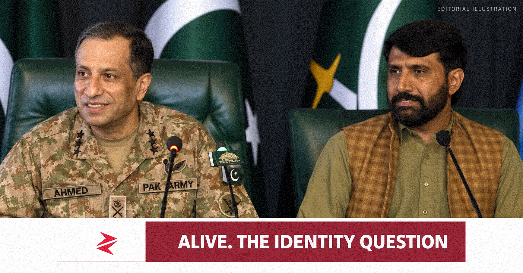 Editorial illustration of DG ISPR Ahmed Sharif Chaudhry and retired Pakistani soldier Muhammad Asif during the disputed Budgam identity briefing