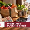 Pakistani family counting rupees while buying groceries, illustrating household purchasing-power pressure and poverty.