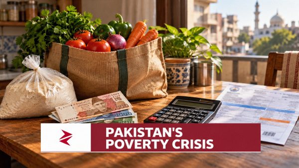 Pakistani family counting rupees while buying groceries, illustrating household purchasing-power pressure and poverty.