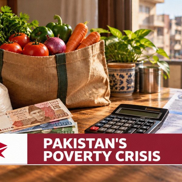 Pakistani family counting rupees while buying groceries, illustrating household purchasing-power pressure and poverty.