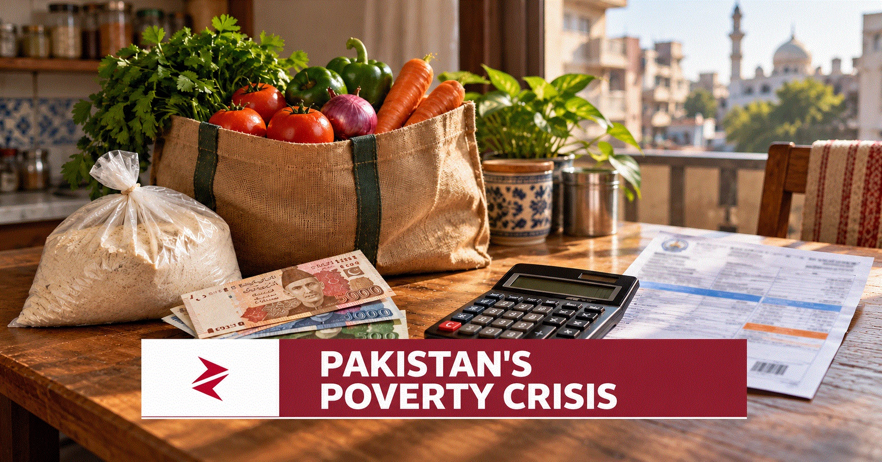 Pakistani family counting rupees while buying groceries, illustrating household purchasing-power pressure and poverty.